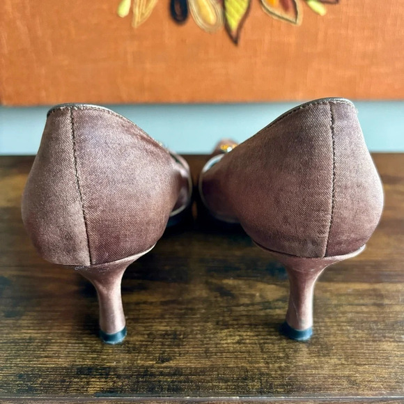 Pierre Michel| Brown Satin  Kitten Heel Topaz Jewelled Party Heel Size 7 - Picture 4 of 8